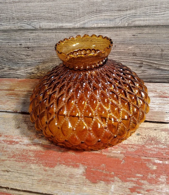 Vintage Amber Quilted Diamond Pattern Hurricane Student Lamp Light Shade Aladdin