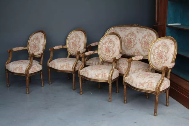 Antique French Louis XVI salon lounge suite gold gilt carving 4 armchairs settee