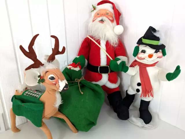 Vintage 90s ANNALEE 20" Snowman 28" Santa 20" Reindeer LOT Set Jumbo Plush