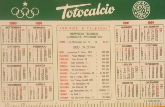 Calendarietto Totocalcio 1990-1991 Campionato Plastificato