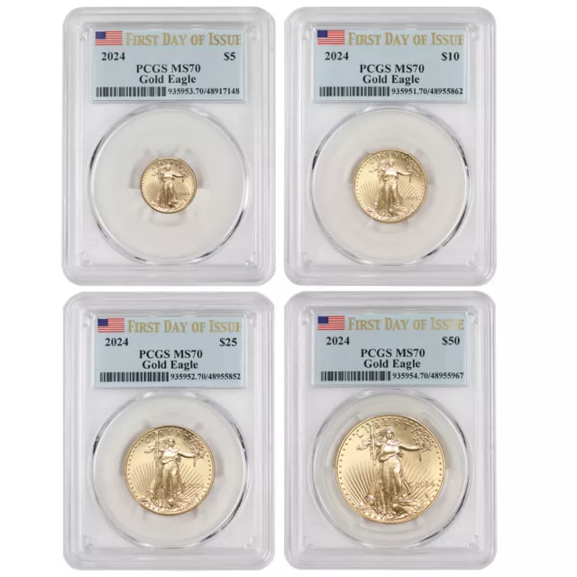 Set of 4 2024 Gold Eagle PCGS MS70 First Day of Issue FDOI Eagles Flag Label