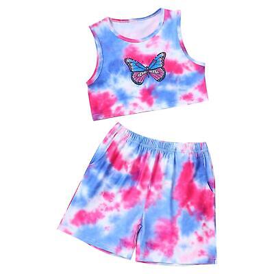 Kids Girls 2Pcs Summer Outfit Tie Dye Butterfly Print Crop Top with Shorts Sets