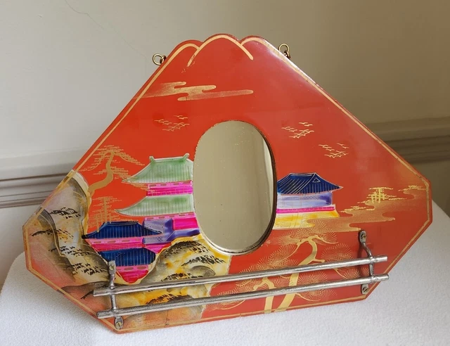 Vintage Hand Painted Wood Lacquer Ware Wall Hanging Mirror Mountain Scene Japan