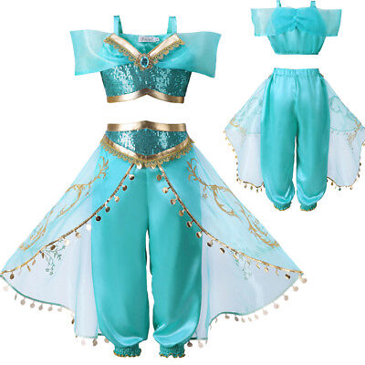 Girls Aladdin Costume Princess Jasmine Outfit  Sequin Party Fancy Dress Cosplay