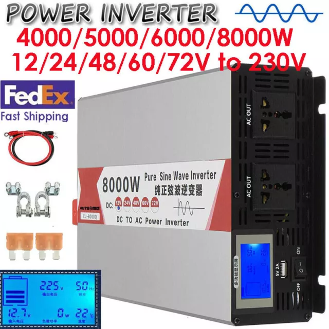 5000W 8000W Max 12V 24V 48V to 220V 240V Pure Sine Wave Power Inverter LCD USB