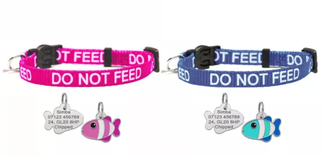 Do Not Feed Safety Cat Collar with Bell & Personalised Engraved Fish Tag ID