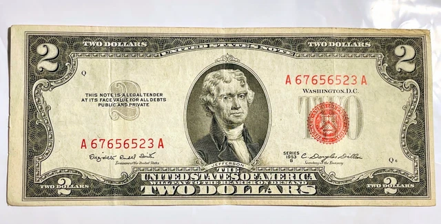 1953 TWO Dollar Bill $2 Red Seal & Serial Old USA Paper Currency Banknote Money