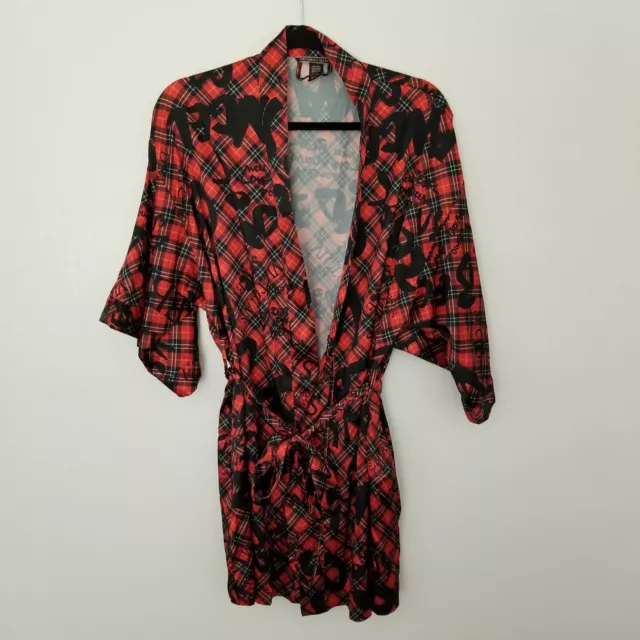 VS Victoria's Secret Women Robe M/L Red Black White Plaid Satin Feel Tie Pockets