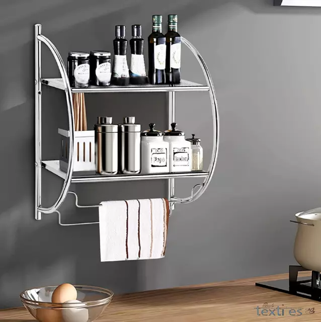 2 Tier Wall Mounted Curved Bathroom Storage Shelf with 2 Hanging Rail Towel Rack