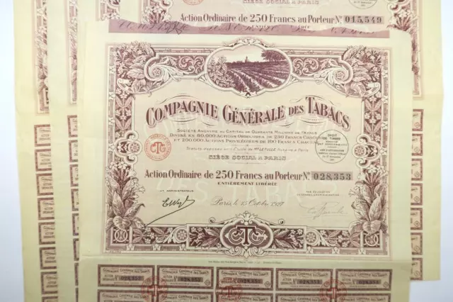 Compagnie Generale Des Tabacs Action Ordinaire De 250 Francs 1927 X 5 Actions