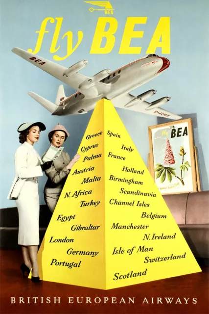 Fly Bea British European Airways Travel Pyramid Vintage Wall Art - POSTER 20x30