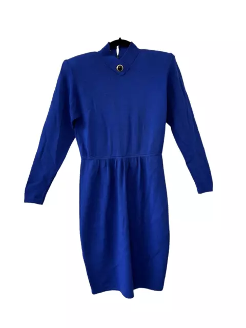 Vintage St. John by Marie Gray Santana Knit Mock Neck Long Sleeve Dress Blue Wom