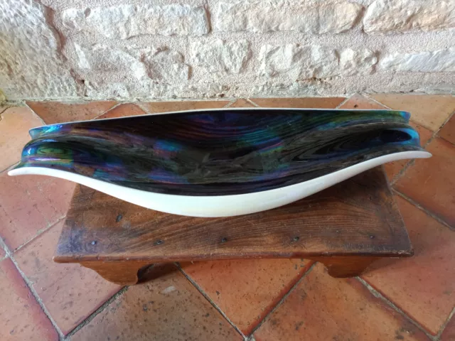 GRANDE 58cm COUPE OBLONGUE Grès irisé & blanc Céramique d'Art VERCERAM FRANCE