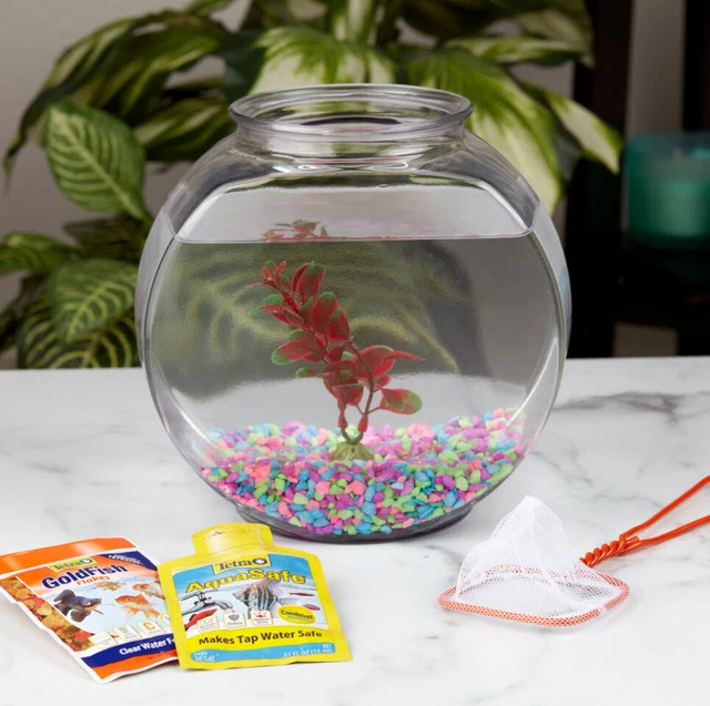 FISH BOWL TANK Small Starter Kit 1-Gallon Multicolor Gravel Plastic Plant Net