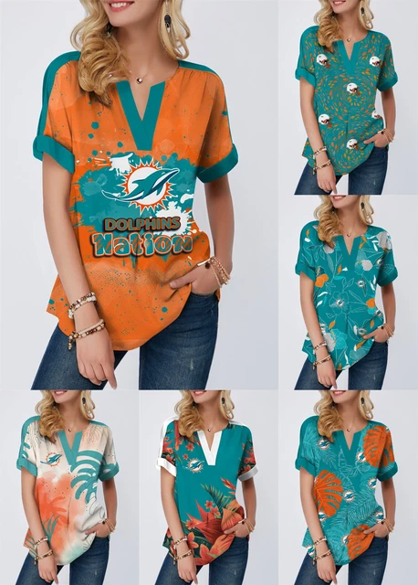 Miami Dolphins Women's Deep V-Neck T-Shirt Causal  Loose Blouse Tee Tops Gift