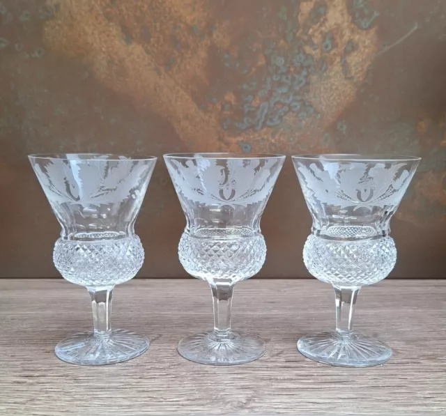3 X Vintage Edinburgh Crystal Thistle Etched Small Wine Glasses 11.75 Cms