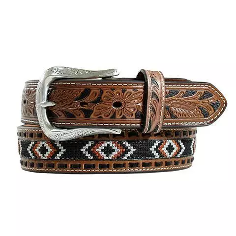 Nocona Western Mens Belt Leather Floral Embroidered Inlay Laced Brown