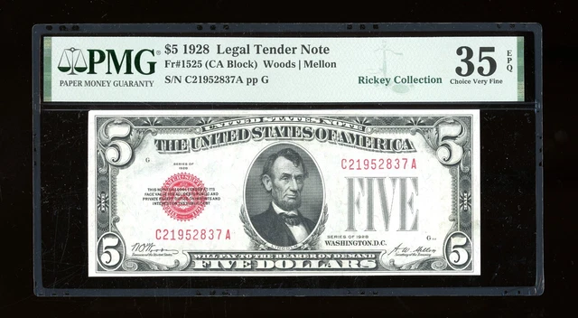 DBR 1928 $5 Legal Fr. 1525 CA Block PMG 35 EPQ Serial C21952837A