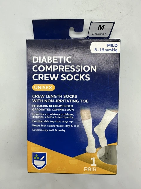 Rite Aid Diabetic Compression Crew Socks MEDIUM Mild 8-15mmHg White UNISEX
