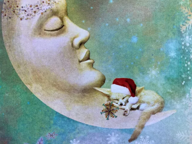 1 Red Fox Sleeping On Crescent Moon Christmas Card Santa Hat Deluxe Adorable
