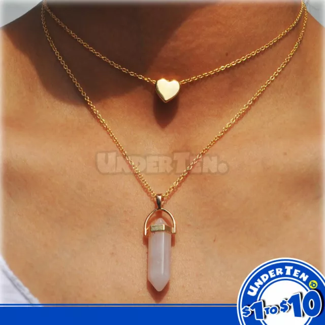 Natural Quartz Crystal Stone Point Healing Gemstone Pendants Alloy Necklace AU