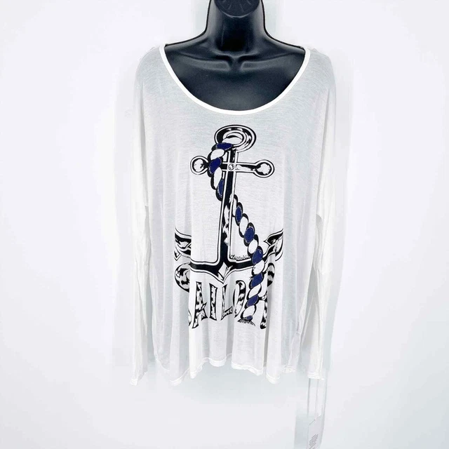 Lauren Moshi Women's Ruby Oversized w/ Cuff Color Sailor T-shirt NEW Sz XS White