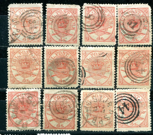 Denmark: Scott 13  used x 8, all defective / AFA 13 stemplet, defekt