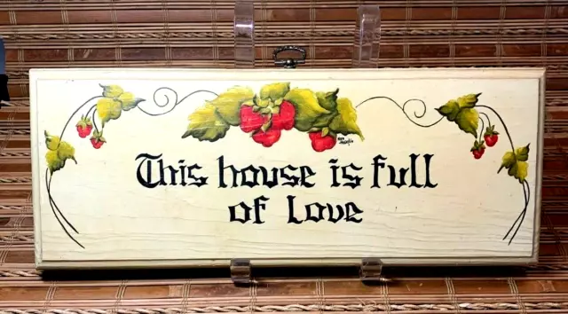 Vtg Wood House Full of Love Wall Plaque Strawberries Handpainted Signed Cottage