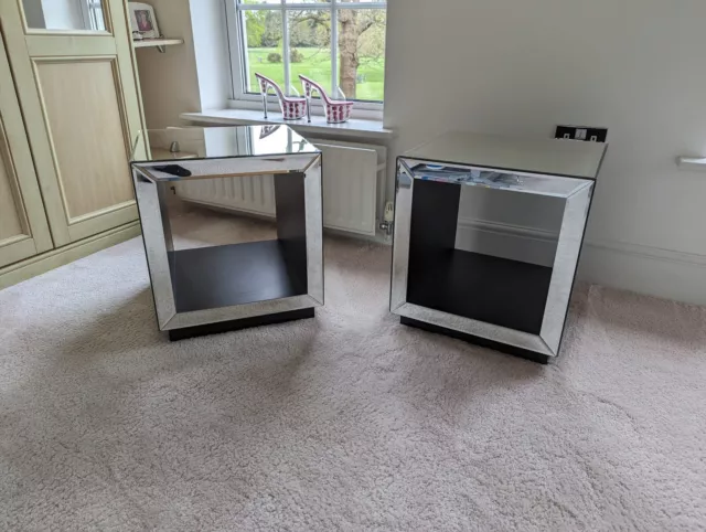 Two Mirrored Hollow Cube Bedside Cabinets