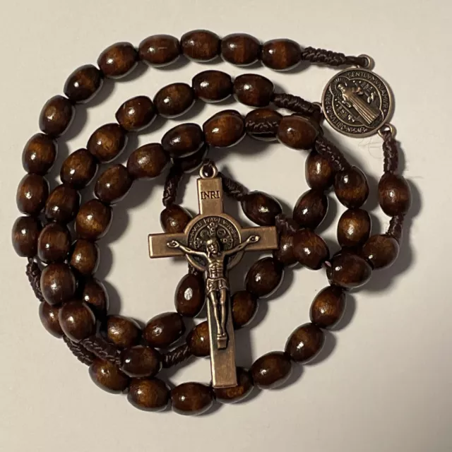 Saint St Benedict Holy Weave Handmade Catholic Rosary Wooden Beads Copper Cross