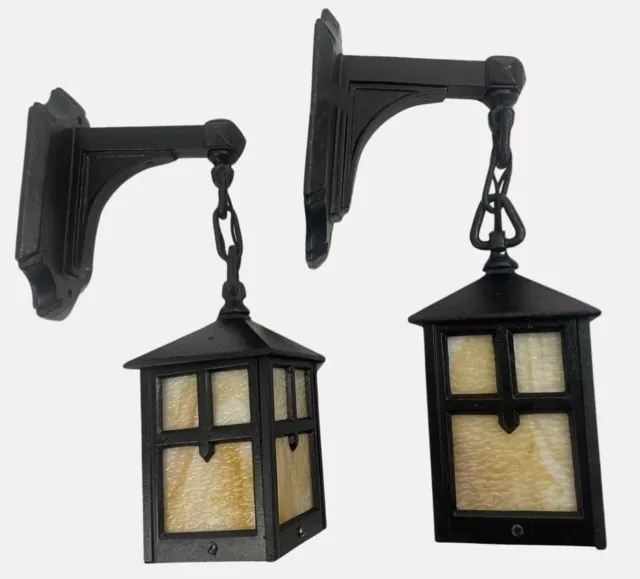 Pair Antique Vintage Craftsman c1915 Cast Iron Lanterns Slag Glass Restored