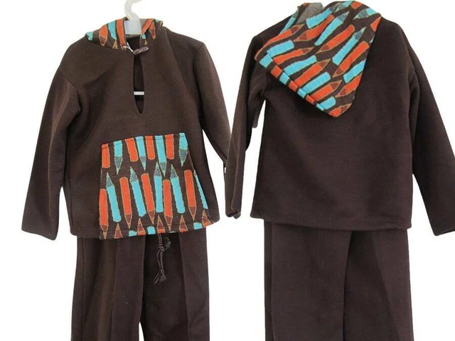 Felpa con cappuccio e pantaloni unisex anni '70 marrone costume retrò new age 2 vintage
