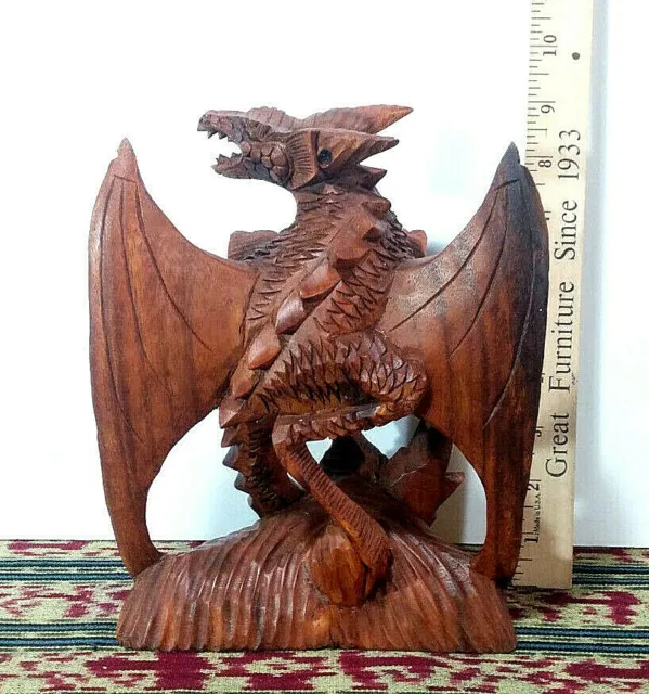 1 - 8.75" Hard Wood, Winged Dragon Sculpture, Hand Crafted Art - Made in Bali