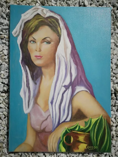 Magnifique grande toile tableau peinture portrait de femme signée GUENO