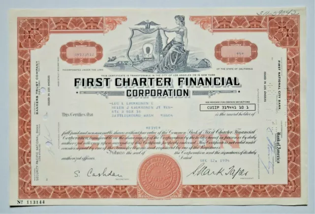 BARBUSIGE alte US Aktie - FIRST CHARTER FINANCIAL CORPORATION - Historischer Akt