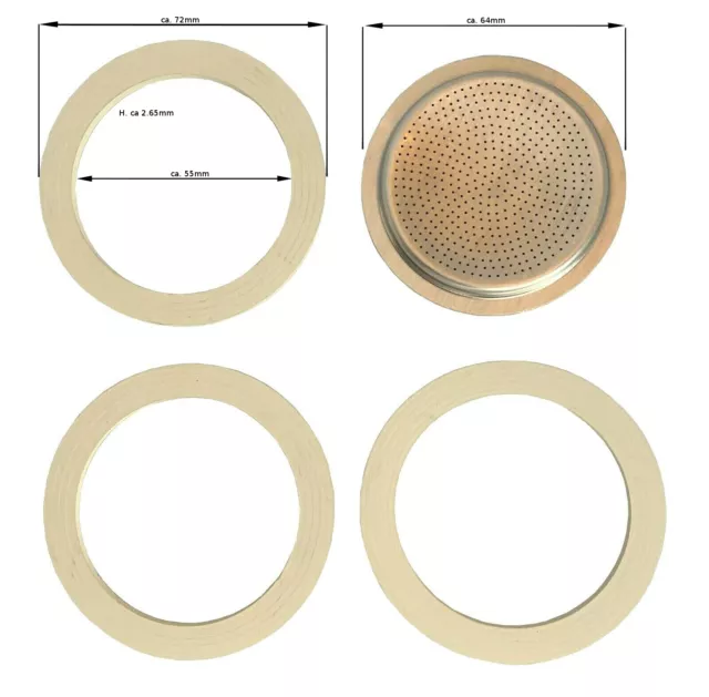 Ersatzdichtung für Espressokocher - 6 TASSEN - 3 x Dichtungsring 1 x Ersatzsieb