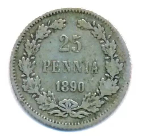 Finland 1890 25 Penniä Pennia Silver Coin - Under Imperial Russia Alexander III
