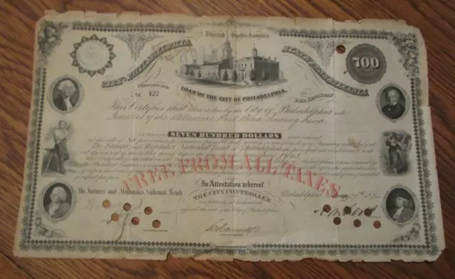 1874 - CITY OF PHILADELPHIA $700 LOAN BOND - Graphics - FREE SHIPPING!!!!