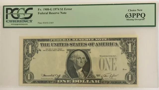 1974 $1 Federal Reserve Note Error Missing Overprint Pcgs 63 Ppq Choice New Bin