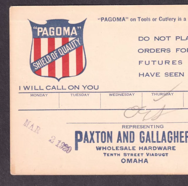 Omaha Nebraska Paxton & Gallagher Pagoma Hardware Farm Advertising Call PostCard 2