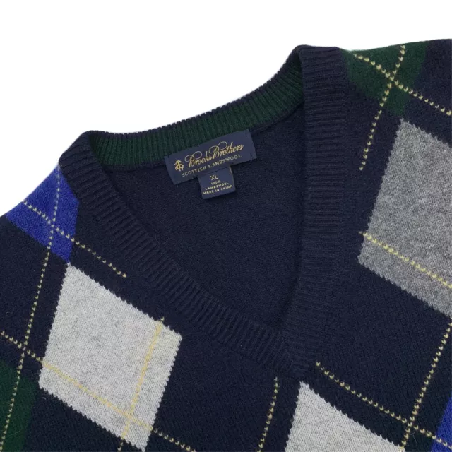 Mens XL Brooks Brothers Dark Blue Argyle Print Lambs Wool V Neck Sweater