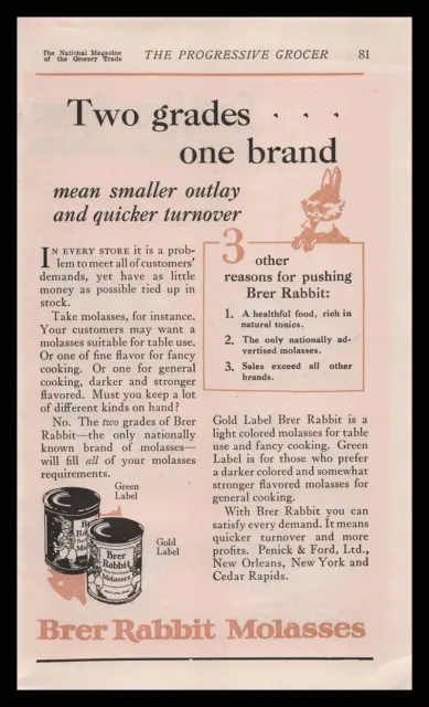 1926 Brer Rabbit Molasses Tin Can Penick & Ford New Orleans Louisiana Print Ad