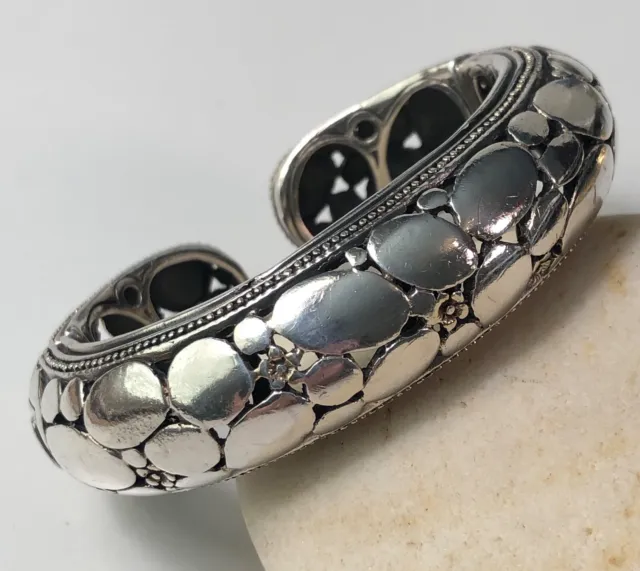 Double Kick Cuff Sterling Silver Kali Pebble Hinged Bangle Bracelet Statement