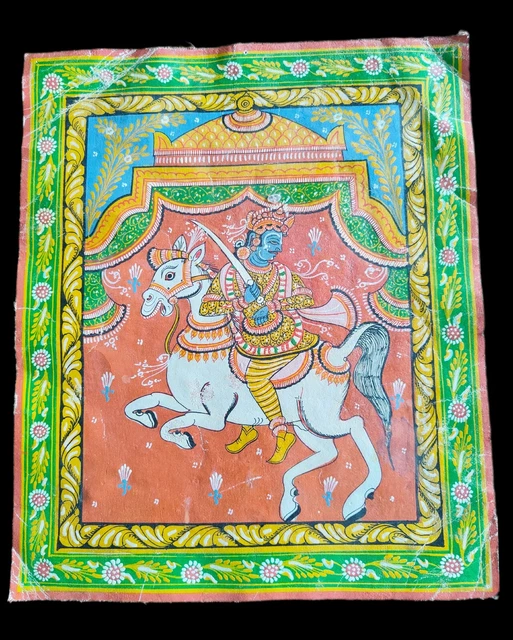 Pattachitra - Krishna auf Pferd -Tuch Hindu Gottheit Bild Indien Gemälde Malerei