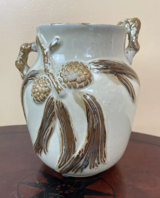 Vintage Art  Pottery Vase Pinecone Jardiniere Planter 2 Handles Glazed 7” High