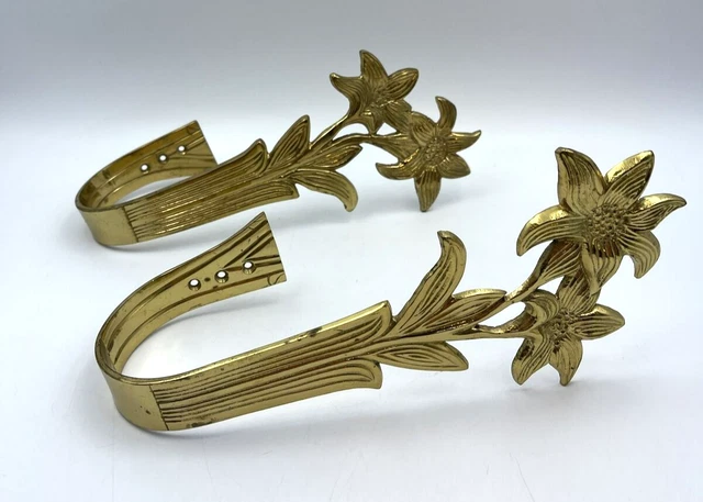 Vintage Brass Curtain Tie Back Pair Gold Metal Flower Blossoms Retro Boho