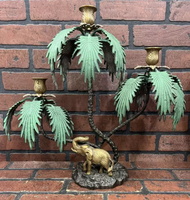 Palm Tree Elephant Candelabra Candle Holder Brass