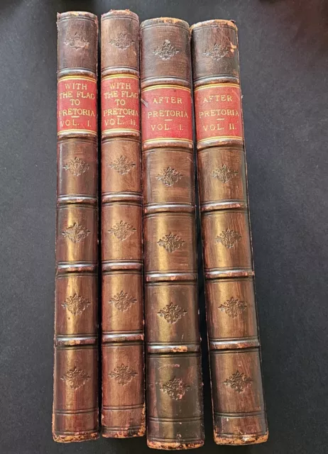 With The Flag To Pretoria & After Pretoria 4 Vols c1900 Leather