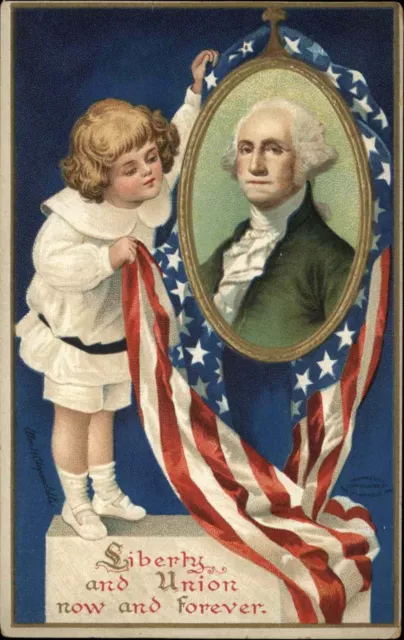 Clapsaddle Int'l Art Washington's Birthday Child Hangs Portrait c1910 Postcard