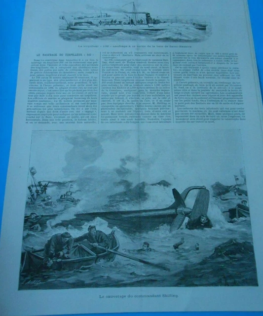 1889 engraving - Le Naufrage du Torpilleur 102 exit from the bay of St Nazaire